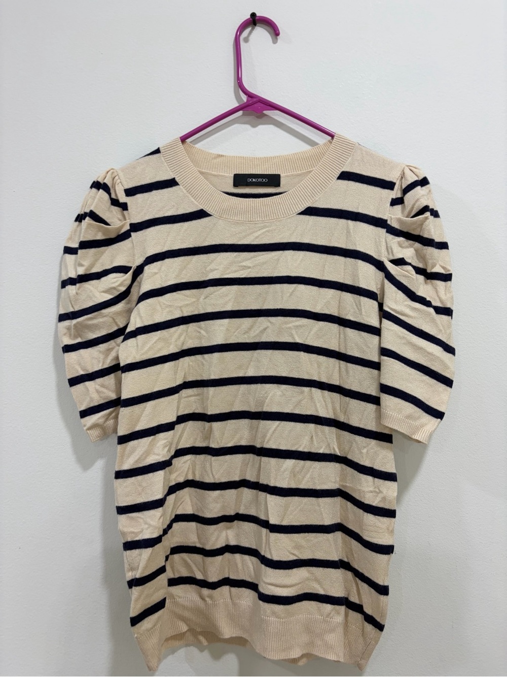 Dondup Cream and Navy Striped Puff-Sleeve Knit Top
